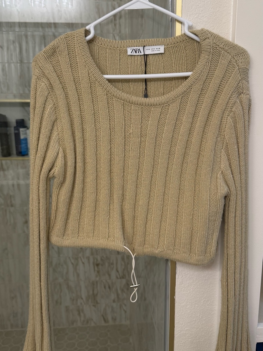 ZARA Cropped Ribbed Crewneck Sweater in Beige